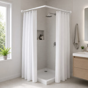 White L-shaped shower curtain rod installed in a compact corner shower with a white curtain in a modern bathroom