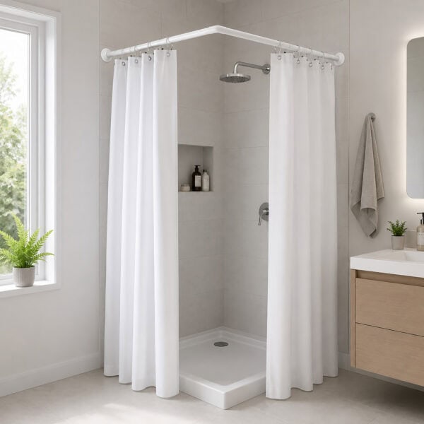 White L-shaped shower curtain rod installed in a compact corner shower with a white curtain in a modern bathroom