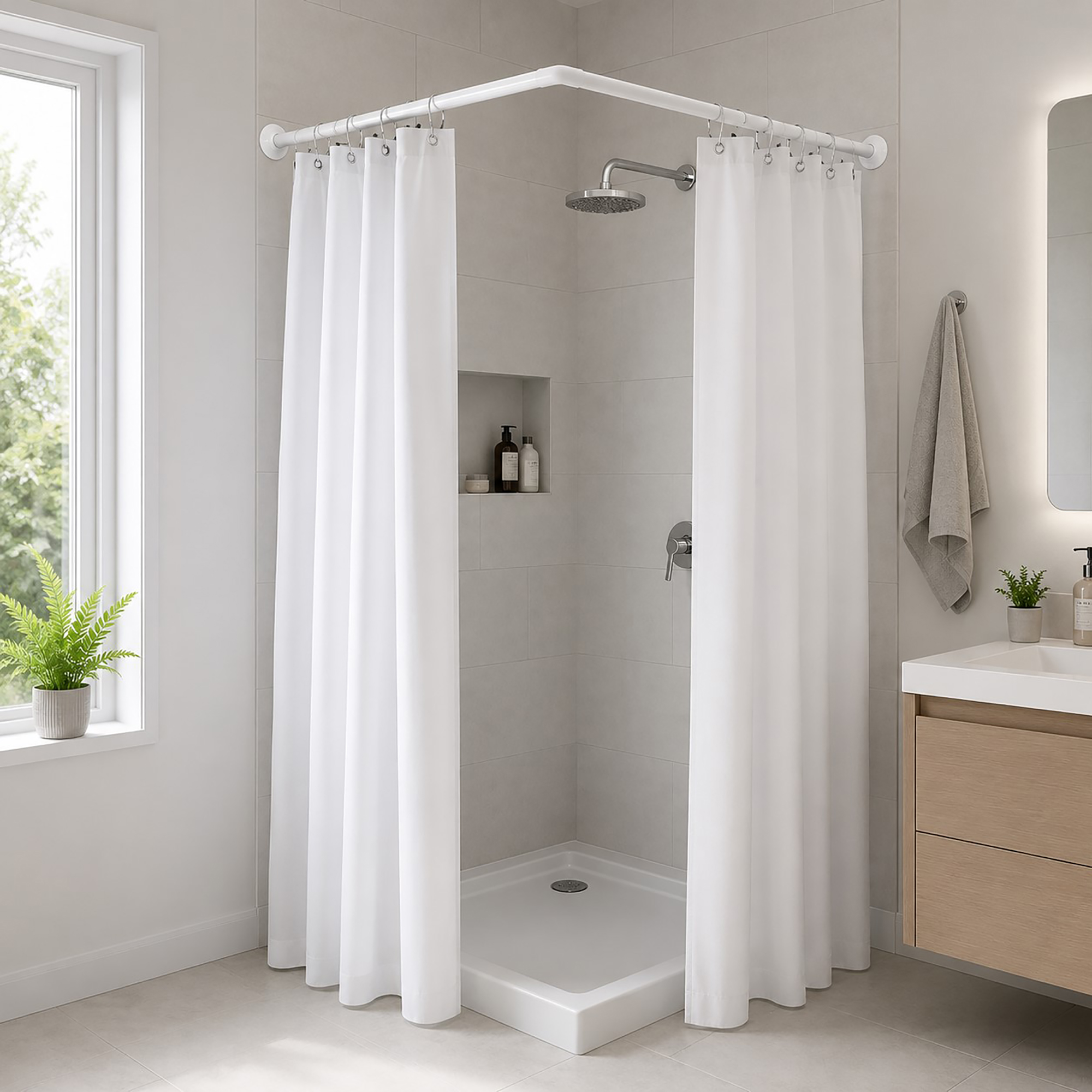 White L-shaped shower curtain rod installed in a compact corner shower with a white curtain in a modern bathroom