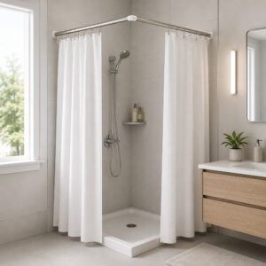 Stainless steel L-shaped shower curtain rod installed in a compact corner shower with a white curtain in a modern bathroom