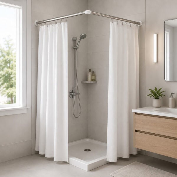 Stainless steel L-shaped shower curtain rod installed in a compact corner shower with a white curtain in a modern bathroom