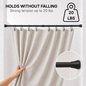 Matte black tension shower curtain rod holding shower curtain without falling strong tension up to 20 lbs no drill required