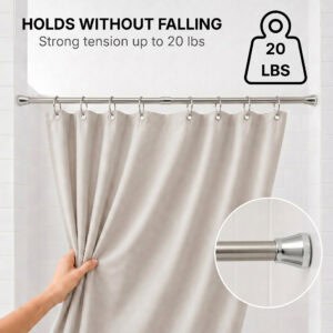 Stainless steel tension shower curtain rod holding shower curtain without falling strong tension up to 20 lbs no drill required