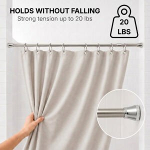 Stainless steel tension shower rod holds up to 20 lbs with strong spring tension, no falling