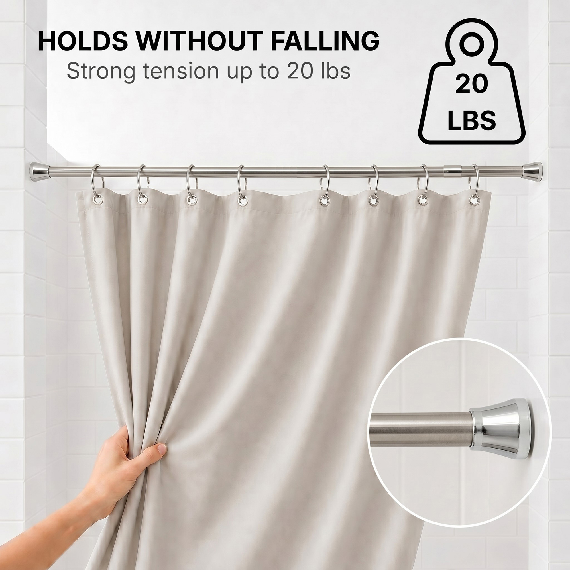 Stainless steel tension shower rod holds up to 20 lbs with strong spring tension, no falling