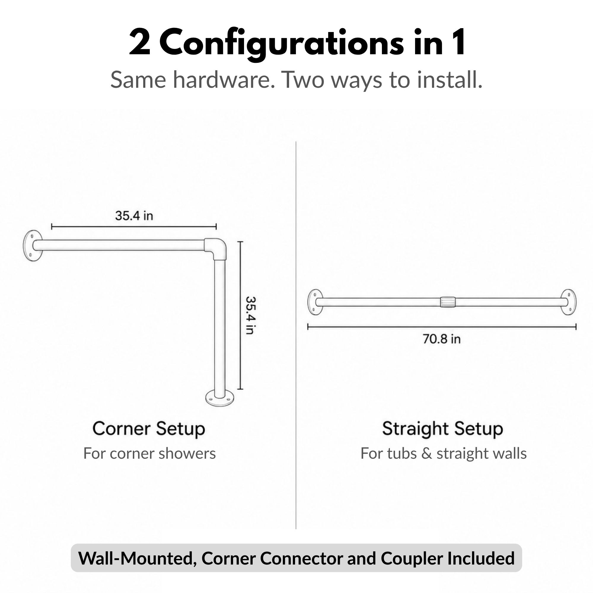 Diagram of two setups, L-shaped corner rod at 35.4 by 35.4 inches and straight rod at 70.8 inches, wall-mounted