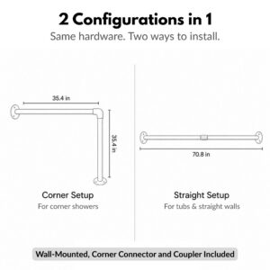 Diagram of two setups, L-shaped corner rod at 35.4 by 35.4 inches and straight rod at 70.8 inches, wall-mounted