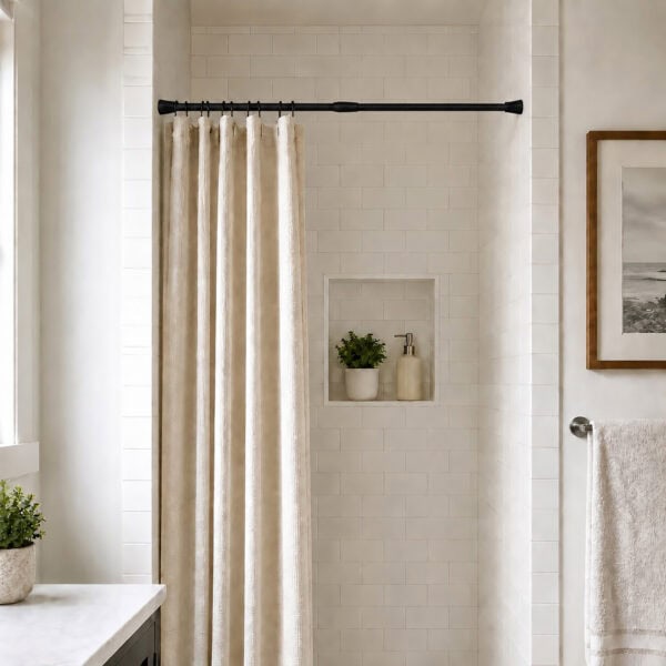 Matte black tension shower curtain rod installed in small bathroom shower alcove with white subway tile and beige curtain