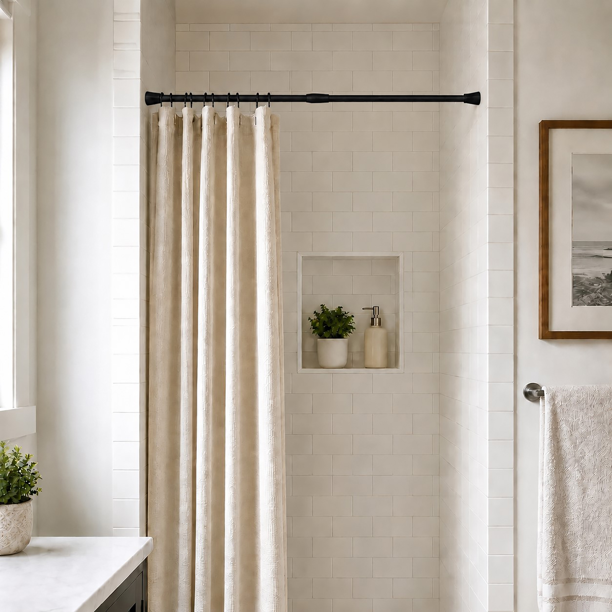 Matte black tension shower curtain rod installed in small bathroom shower alcove with white subway tile and beige curtain