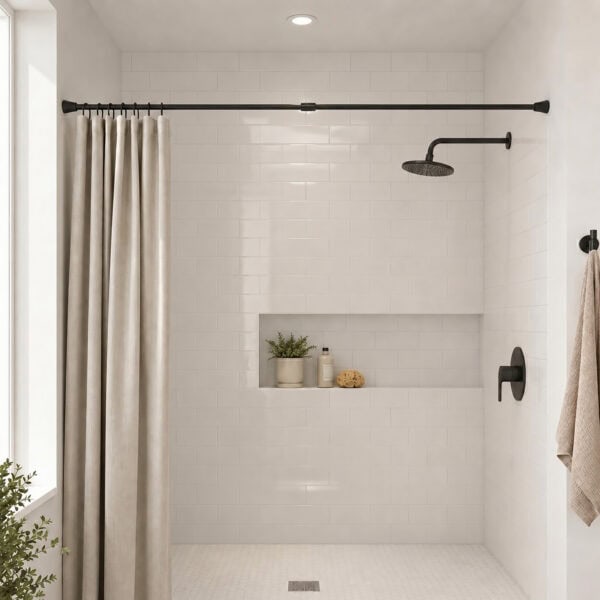 Black tension shower curtain rod installed in modern bathroom, walk-in shower with subway tile and niche