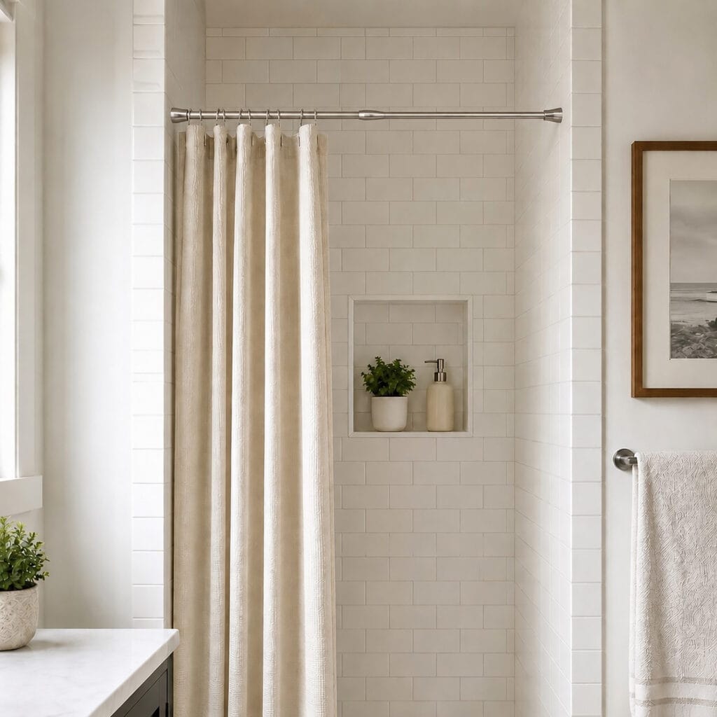 Brushed stainless steel tension shower curtain rod installed in small bathroom shower alcove with white subway tile and beige curtain