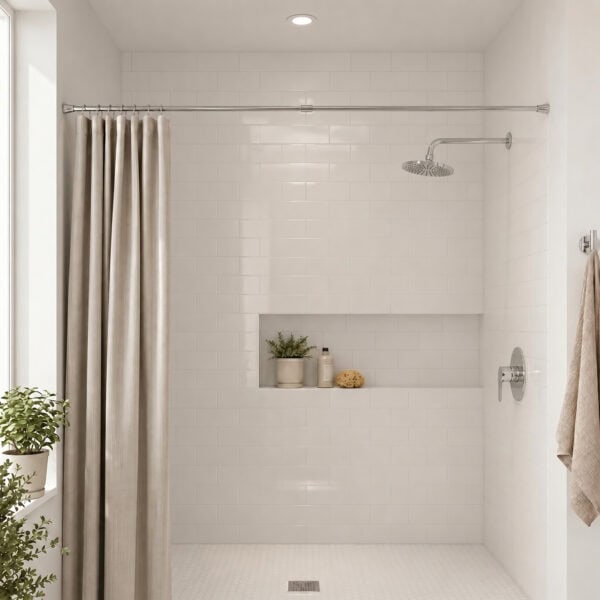 Stainless steel tension shower curtain rod installed wall to wall in modern bathroom shower