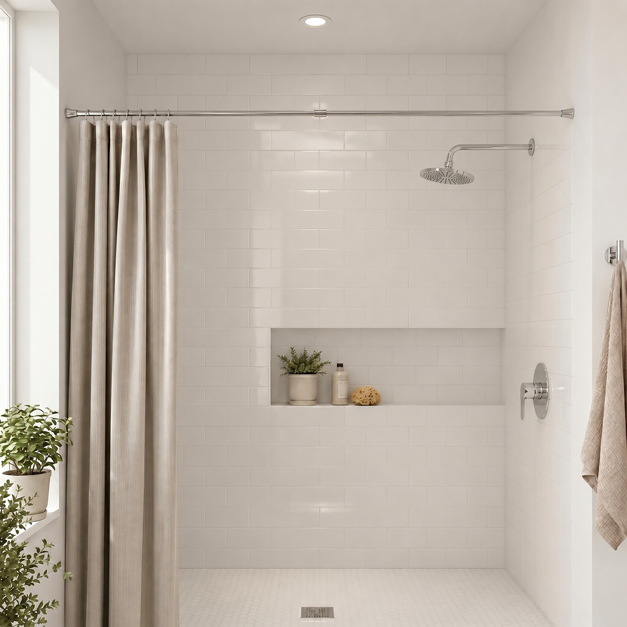 Stainless steel tension shower curtain rod installed wall to wall in modern bathroom shower