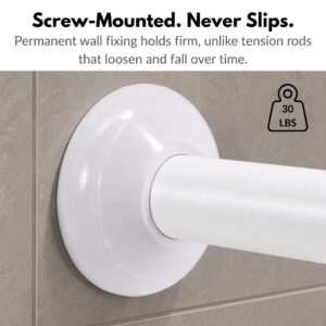 Close-up of a white wall flange securing a white shower rod, screw-mounted for a permanent hold up to 30 lbs