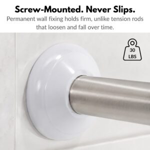 Close-up of a white wall flange securing a stainless steel shower rod, screw-mounted for a permanent hold up to 30 lbs