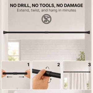 No drill tension shower curtain rod black installation in 3 steps extend twist and hang in minutes no tools needed