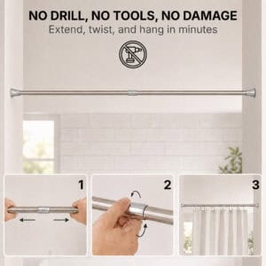No drill tension shower curtain rod stainless steel installation in 3 steps extend twist and hang in minutes no tools needed