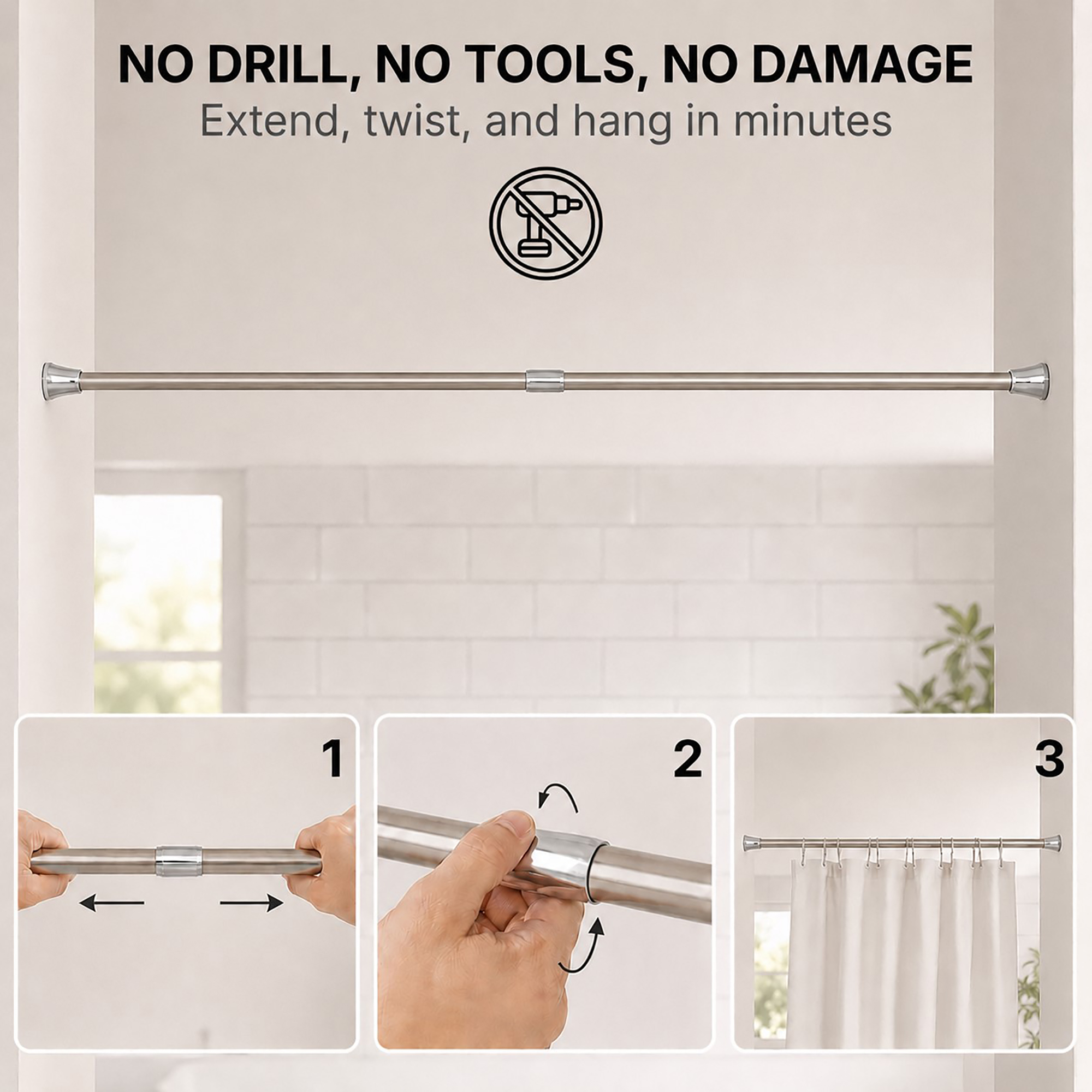 No drill tension shower curtain rod stainless steel installation in 3 steps extend twist and hang in minutes no tools needed