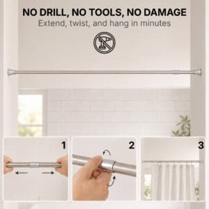 No drill tension shower rod installs in 3 easy steps, extend twist and hang, no tools needed