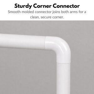 Close-up of the white 90-degree corner connector joining two white shower rod arms