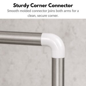 Close-up of the white 90-degree corner connector joining two brushed stainless steel shower rod arms