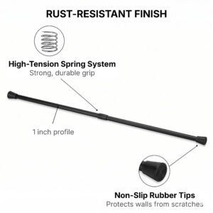 Rust-resistant matte black tension rod features high-tension spring system 1 inch profile and non-slip rubber tips for wall protection