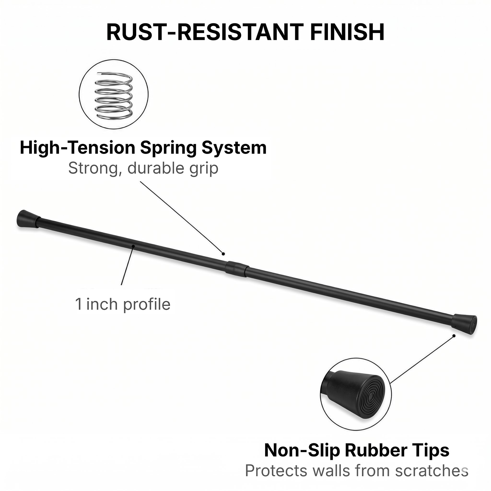 Black tension rod with rust-resistant finish, high-tension spring system, 1 inch profile, and non-slip rubber tips