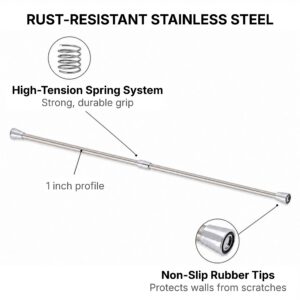 Rust-resistant stainless steel tension rod features high-tension spring system 1 inch profile and non-slip rubber tips for wall protection