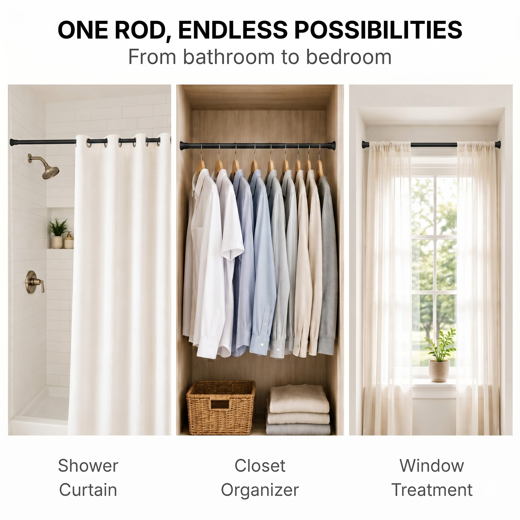 Multi-purpose tension rod for shower curtain, closet organizer, and window treatment, one rod endless possibilities