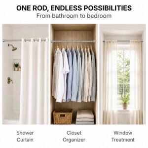 Multi-purpose tension rod for shower curtain, closet organizer, and window treatment in alcove