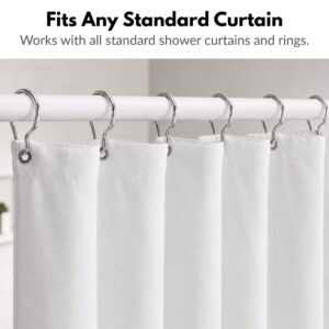 Standard chrome curtain rings and a white shower curtain hanging on a white shower rod