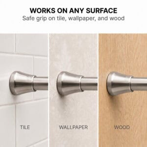Stainless steel tension shower curtain rod works on any surface safe grip on tile wallpaper and wood walls without damage