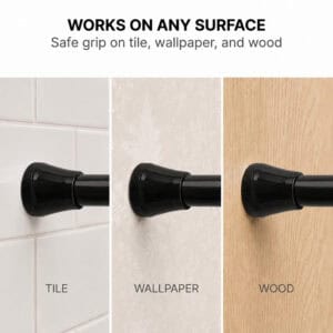 Matte black tension shower curtain rod works on any surface safe grip on tile wallpaper and wood walls without damage
