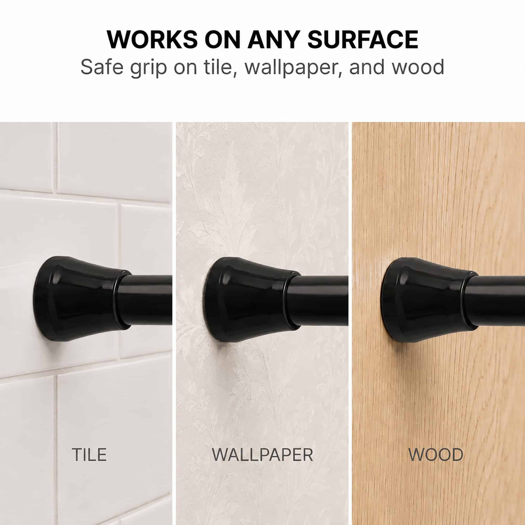 Matte black tension shower curtain rod works on any surface safe grip on tile wallpaper and wood walls without damage