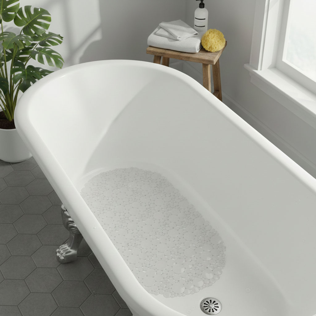 Clear pebbles bathtub mat in white tub