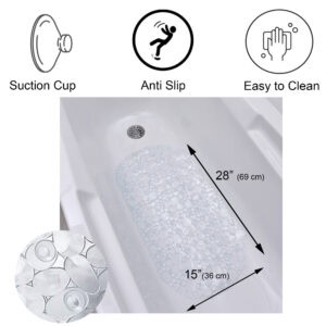 Clear bathtub mat features and dimensions diagram