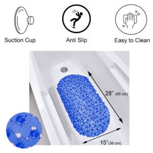 Navy blue bathtub mat features and dimensions diagram
