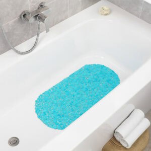 Aqua blue pebbles bathtub mat in white tub