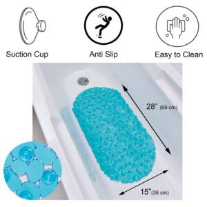 Aqua blue bathtub mat features and dimensions diagram