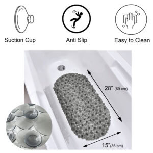 Product features diagram showing suction cups, anti-slip surface, easy cleaning, and dimensions 28x15 inches