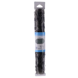 Dark gray bath mat rolled in cylindrical PVC packaging with blue label