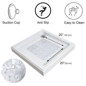 Product features diagram showing suction cups, anti-slip surface, easy cleaning, and dimensions 20x20 inches square