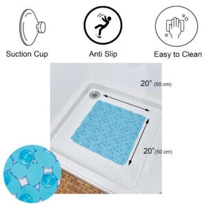 Product features diagram showing suction cups, anti-slip surface, easy cleaning, and dimensions 20x20 inches square