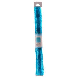 Aqua blue shower mat rolled in cylindrical PVC packaging with product label