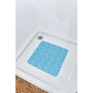 Overhead view of aqua blue bubble-pattern shower mat in white shower base