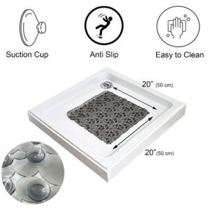 Product features diagram showing suction cups, anti-slip surface, easy cleaning, and dimensions 20x20 inches square