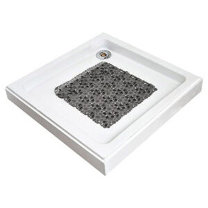 Gray bubble-pattern shower mat in white square shower base, angled view