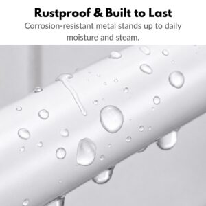 Water droplets beading on a white painted aluminum shower rod surface, showing a rustproof corrosion-resistant finish