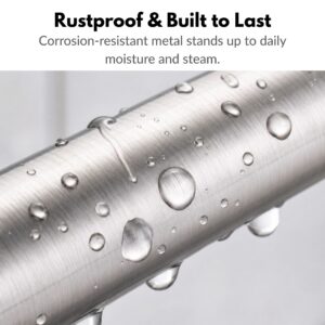 Water droplets beading on a brushed stainless steel shower rod surface, showing a rustproof corrosion-resistant finish