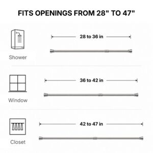 Tension shower curtain rod size guide fits openings from 28 to 47 inches ideal for small shower window and closet spaces